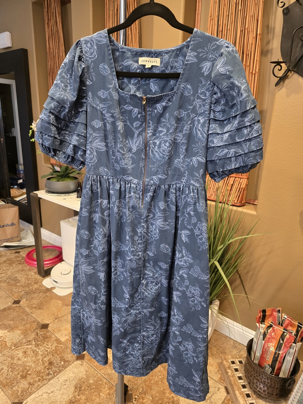 Blue Denim Floral Square-Neck Puff Sleeve Dress, NWOT, Size M - Picture 2 of 6